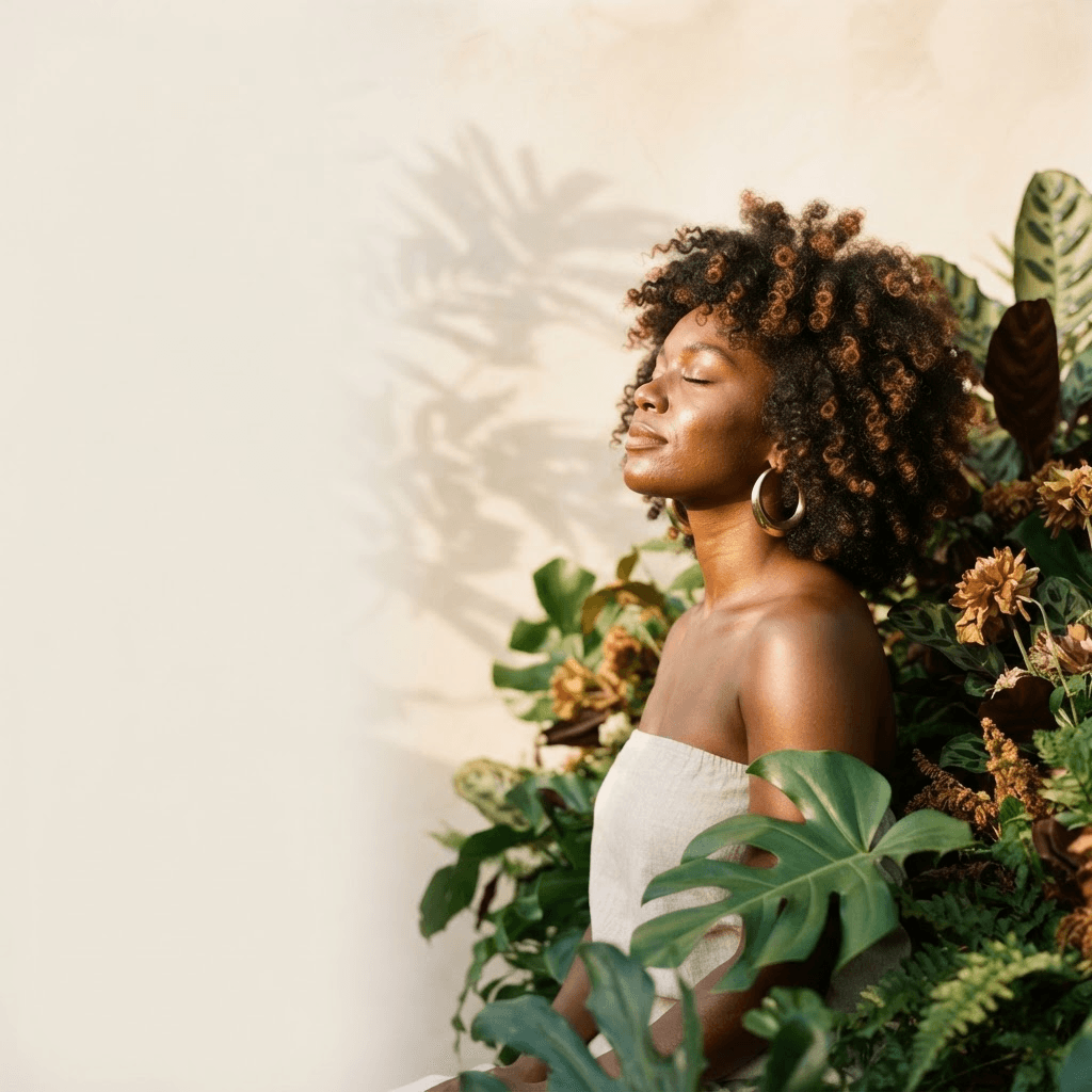 Mujer de cabello afro entre follaje tropical, bajo luz cálida