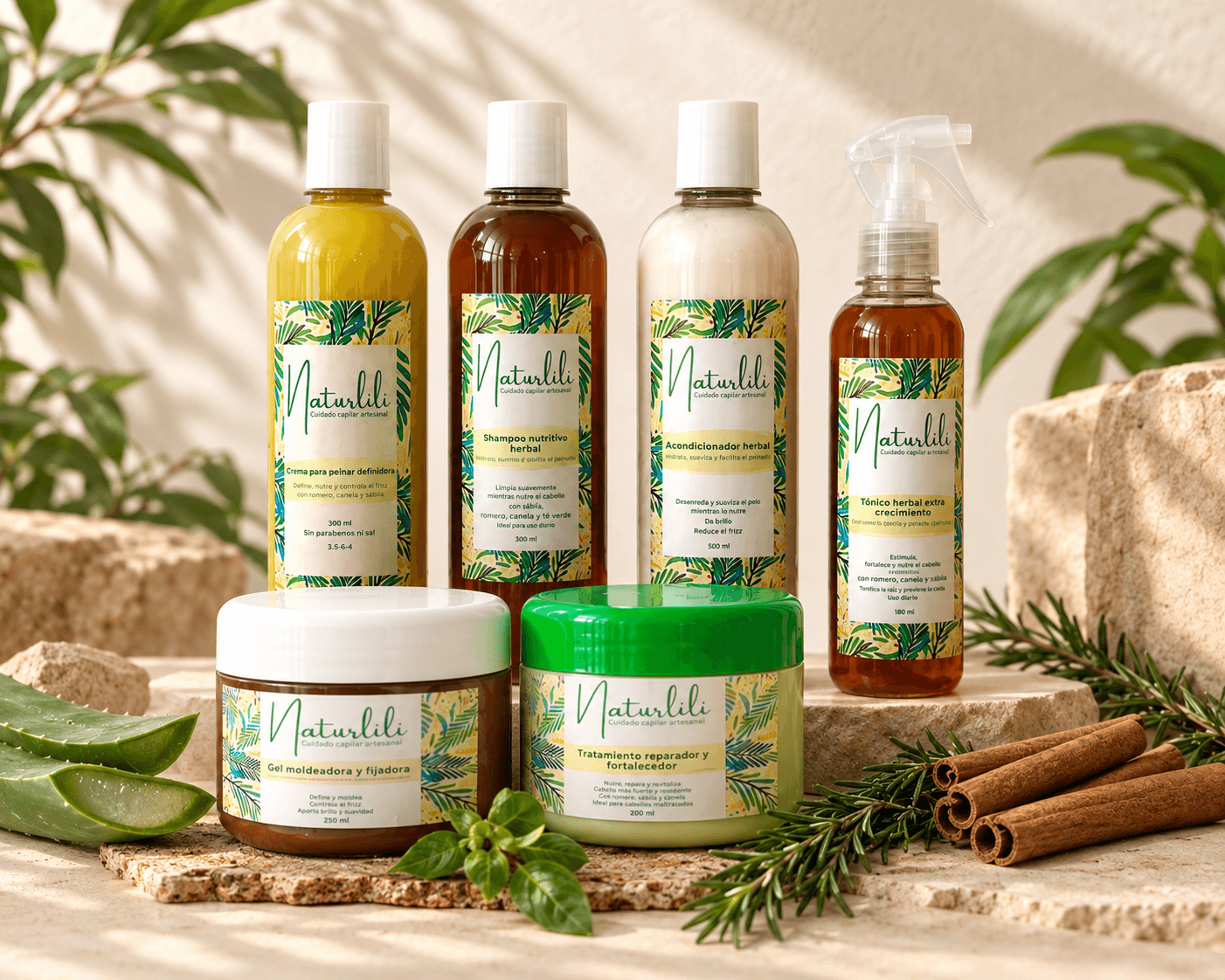 Línea completa de productos Naturlili sobre pódiums de piedra con romero, canela y sábila